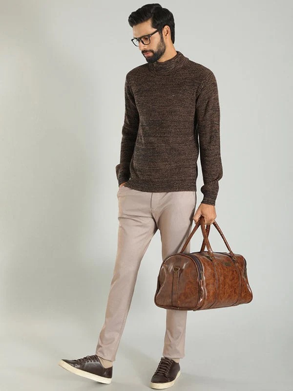 Indian Terrain Men's Comfort Fit All Over Print Khaki Trousers